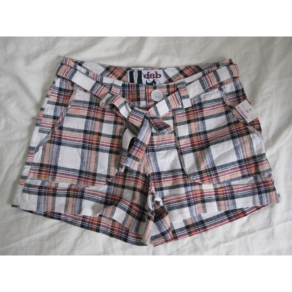 NEW DEB Short shorts size 1 White Red Blue Plaid Cute comfy‎ Checkered w/ Belt!